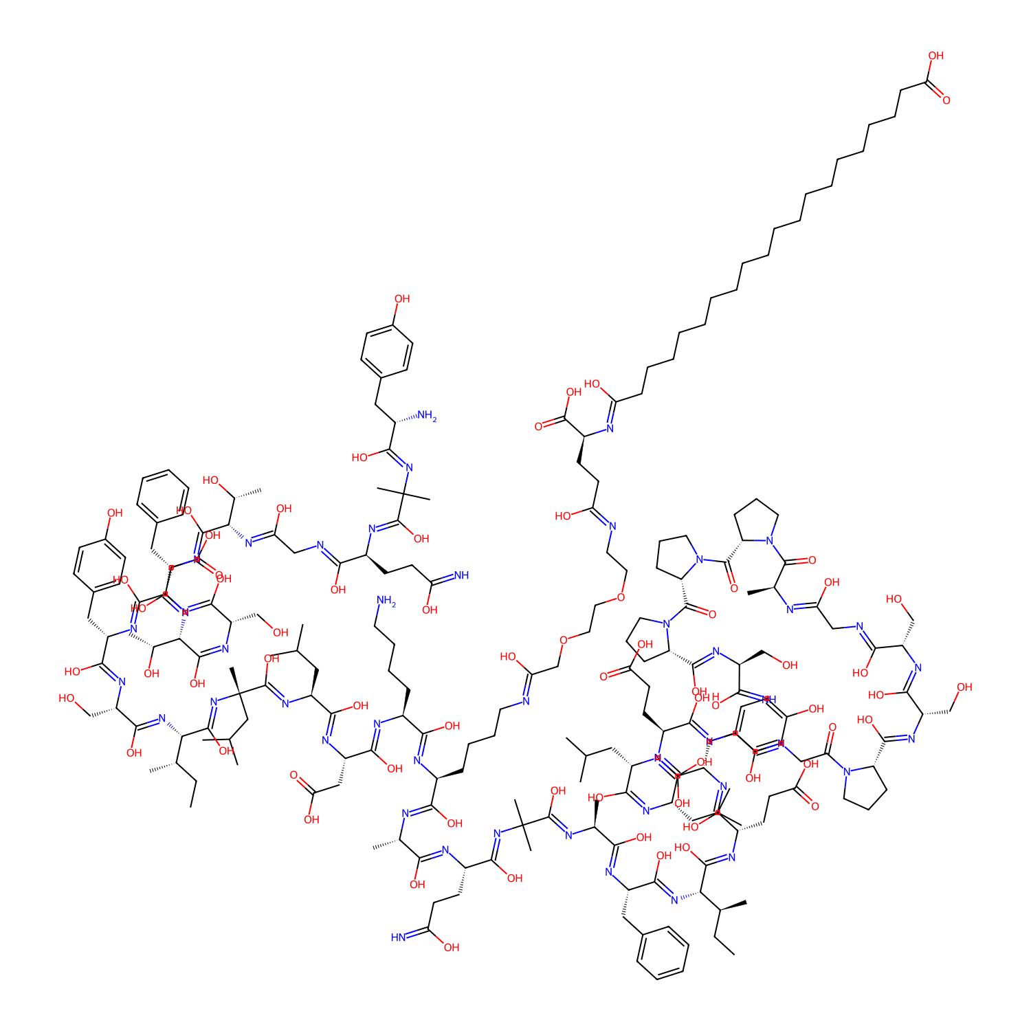 2D molecular structure of Retatrutide, molecular formula C221H342N46O68