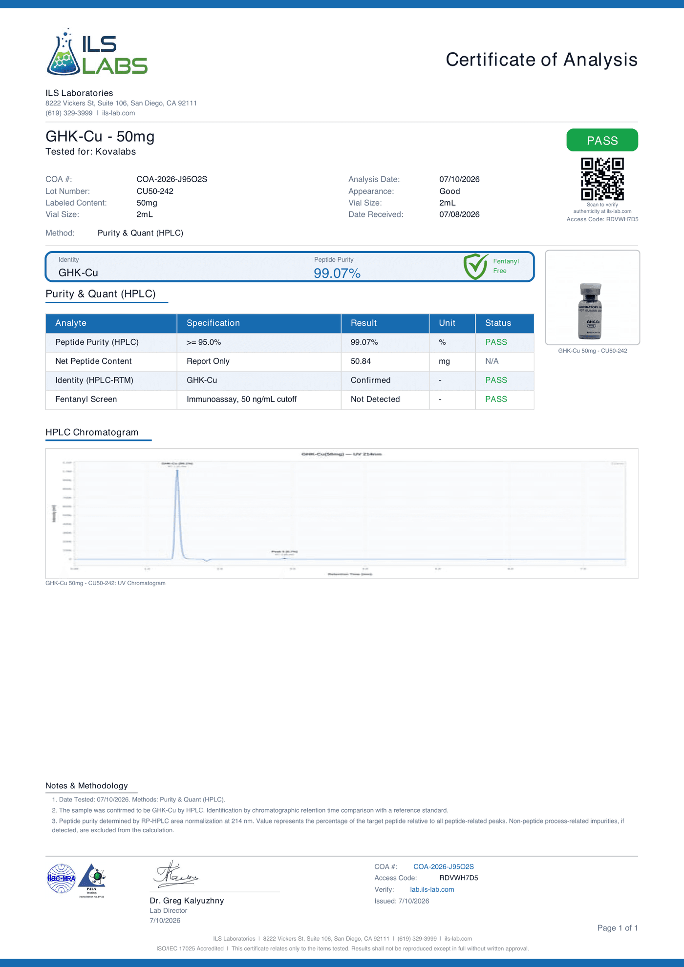 GHK-Cu certificate of analysis, lot CU50-242, showing the fentanyl screen result Not Detected alongside HPLC purity of 99.07 percent